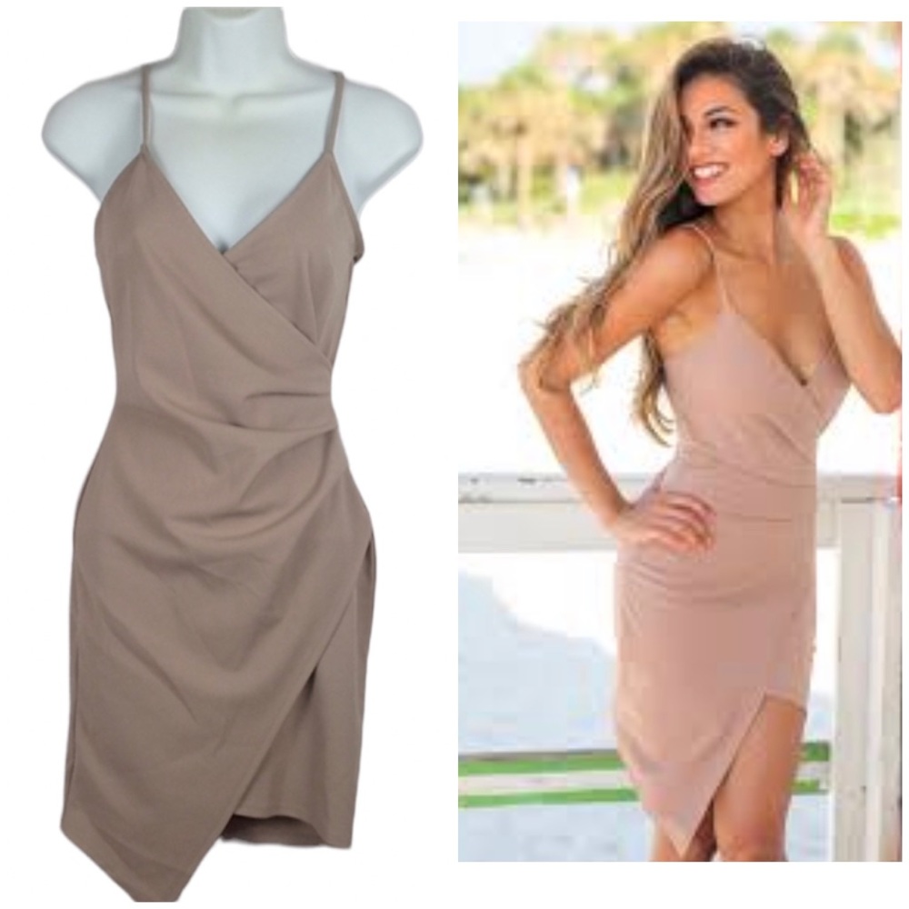 V neck, wrap, asymmetrical rushed mocha color dress